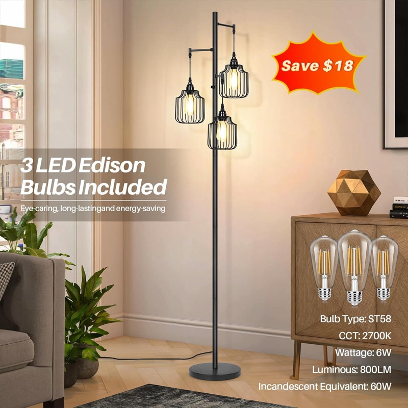 Tiered Cage Floor Lamp, Industrial Styling, Three Edison Bulbs, Matte
