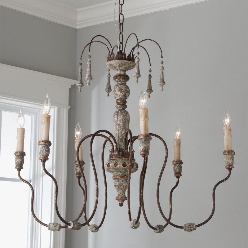 Tiered Chandelier Antique White Gold Accents Ornate Wood French Country