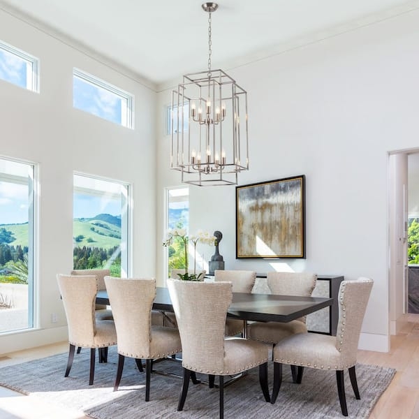 Tiered Chandelier: Brushed Nickel Farmhouse Lantern, Open Cage Design