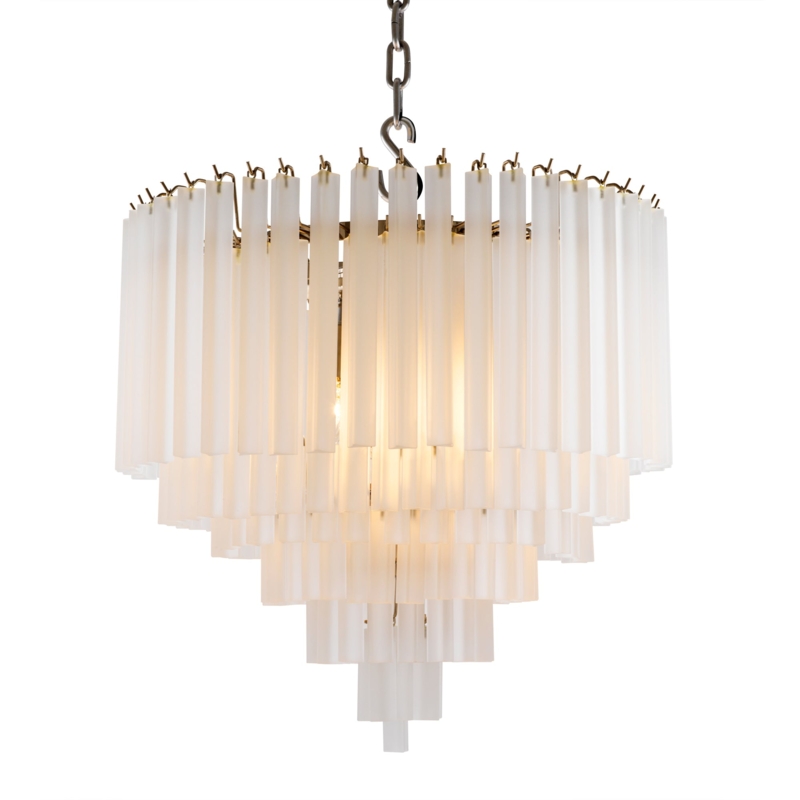 Tiered Chandelier: Decorative Metal Banding, Frosted Glass Spheres, Mid-Century
