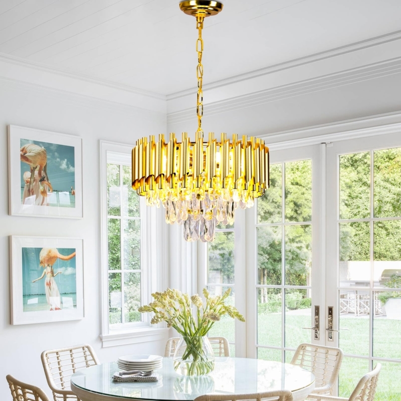 Tiered Chandelier Glam Dining Room Polished Gold Raindrop Crystals (75 characters)