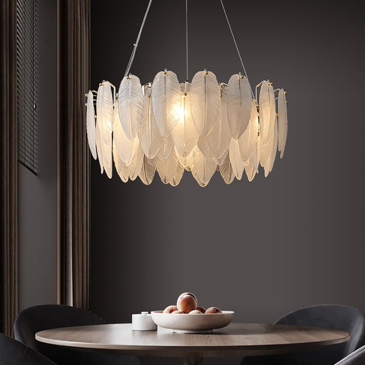 Tiered Chandelier: Polished Gold, Frosted Feather-Shaped Glass Panels, Glam