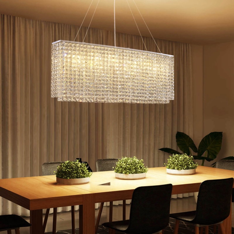 Tiered Chandelier, Rectangular Frame with Shimmering Raindrop Crystal Drops