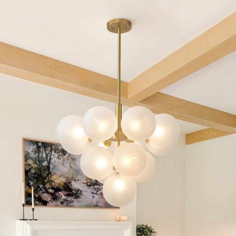 Tiered Chandelier: Ribbed Frosted Glass Globes, Farmhouse Style Fixture