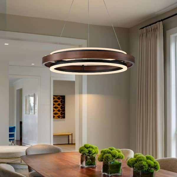 Tiered Chandelier with Wood and Black Contrast Rings, Integrated LED