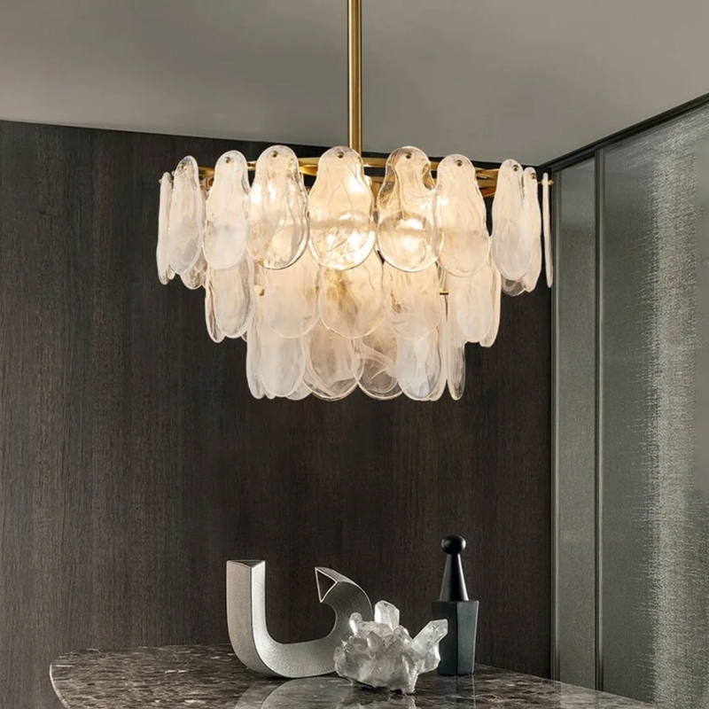 Tiered Cloud Glass Chandelier with Organic Frosted Shades.