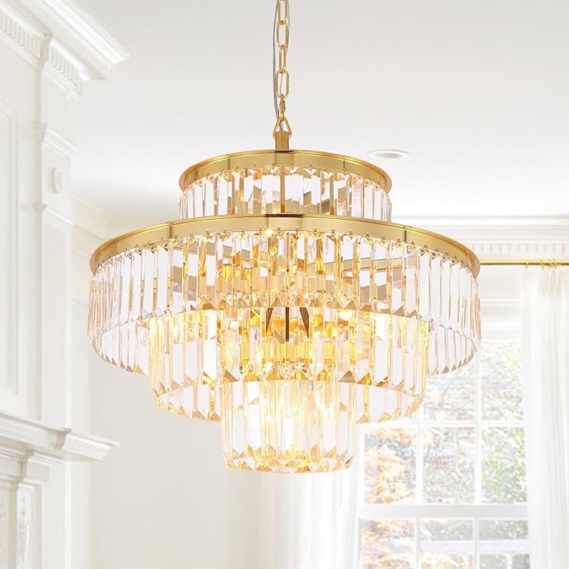Tiered Crystal Pendant Lighting Chandelier With Four Polished Gold Levels