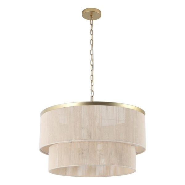 Tiered Drum Chandelier with Handwoven Shade and Gold Frame