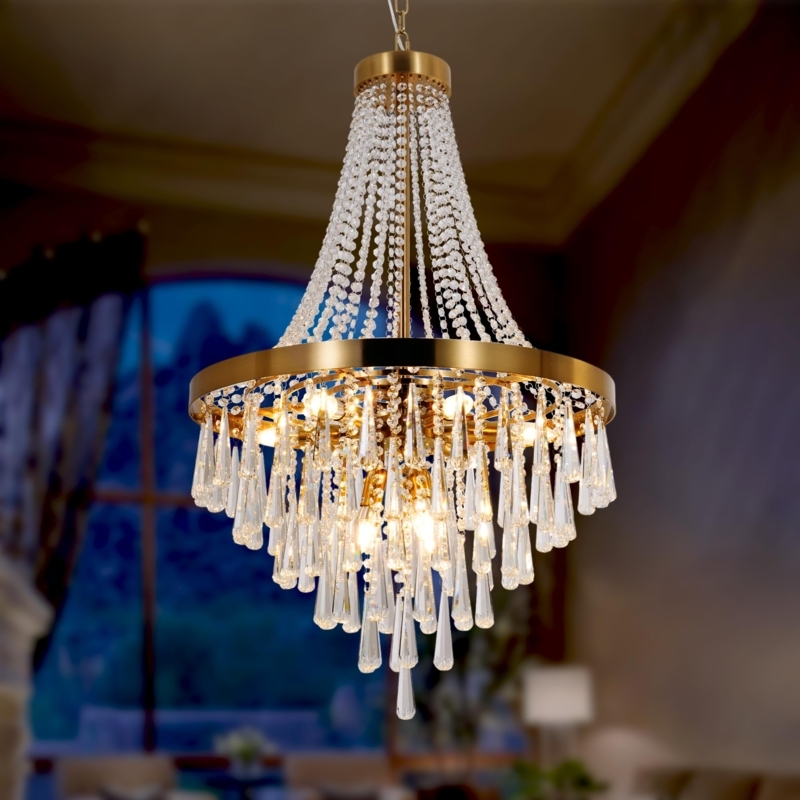 Tiered Empire Chandelier in Brushed Brass, Crystal Accents