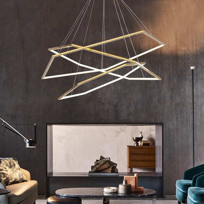 Tiered Geometric Chandelier with Brushed Metallic Interlocking Rectangles