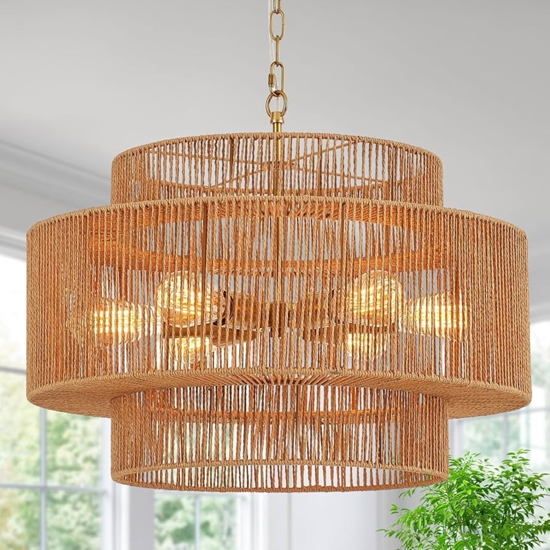 Tiered Rattan Chandelier Dining Room Three-Tier Silhouette Boho Chic