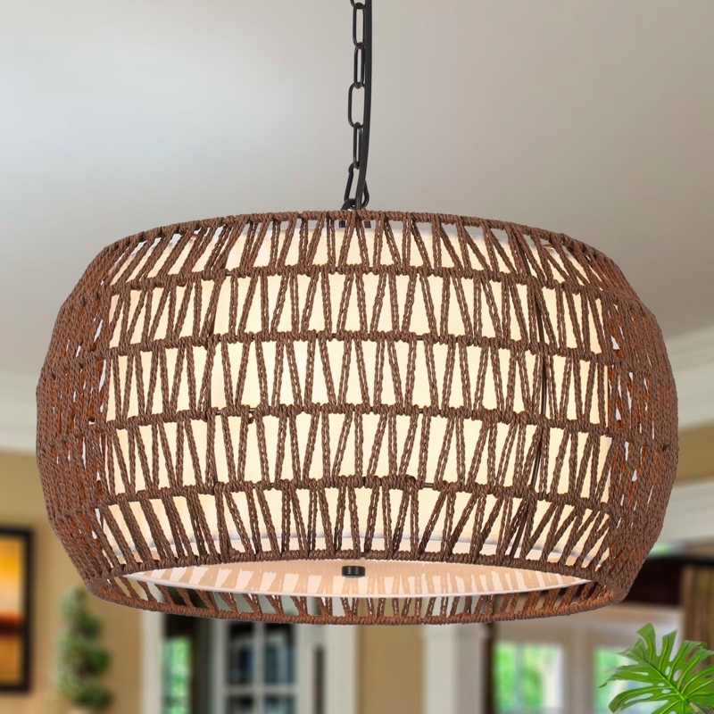 Tiered Woven Rattan Drum Chandelier Boho Farmhouse Dark Brown