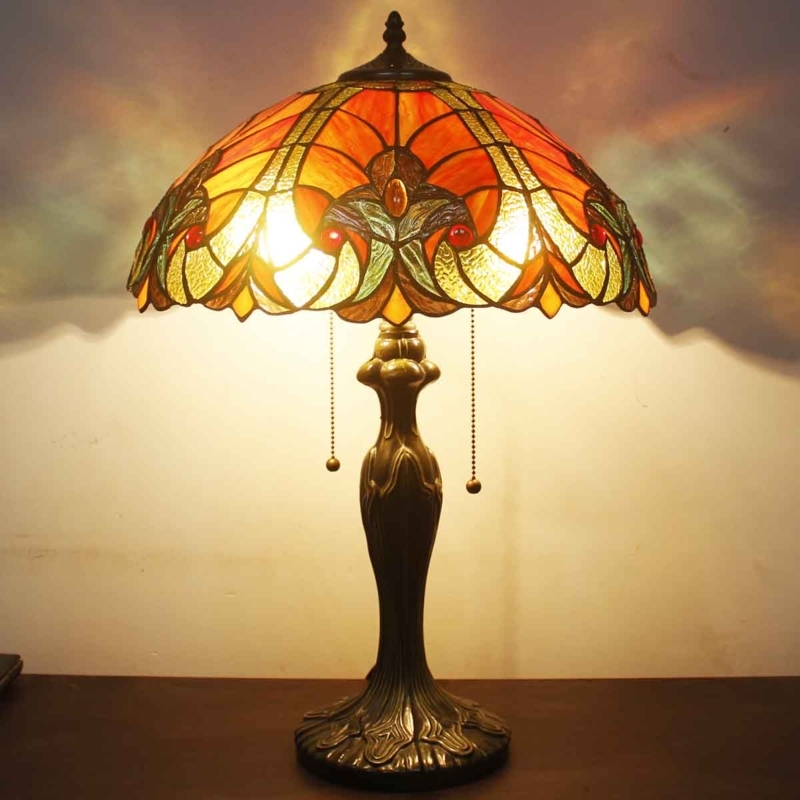 Tiffany Desk Lamp, Red Stained Glass, Ornate Metal Base, Patinated