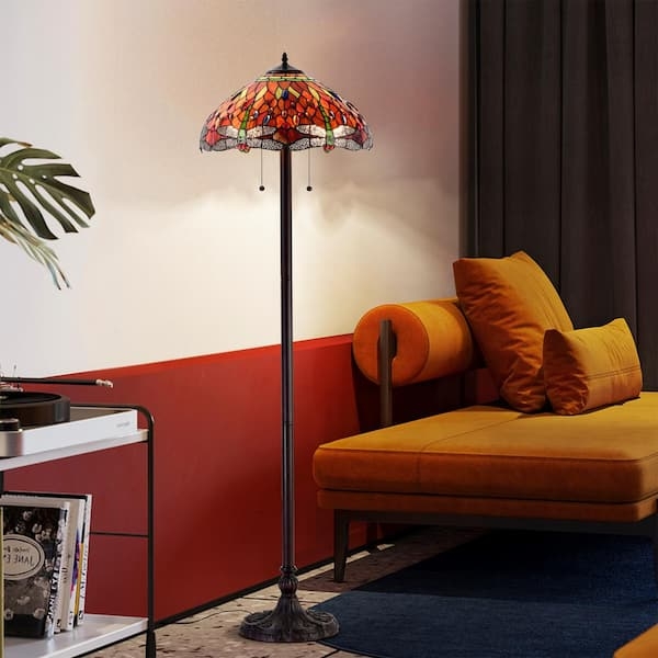 Tiffany Style Floor Lamp, Red Stained Glass Dragonfly Motif, Pull Chain