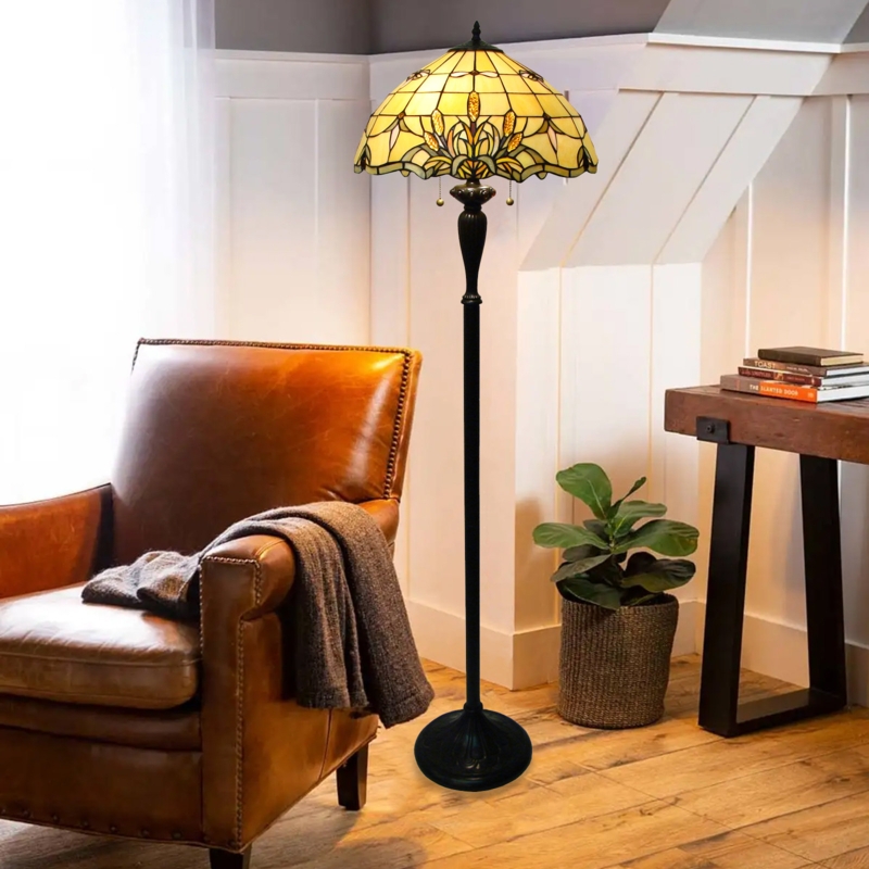 Tiffany-Style Floor Lamp, Stained Glass Bell Shade, Antique Bronze Finish