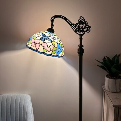 Tiffany-Style Floor Lamp Stained Glass Hummingbird with Reading Light