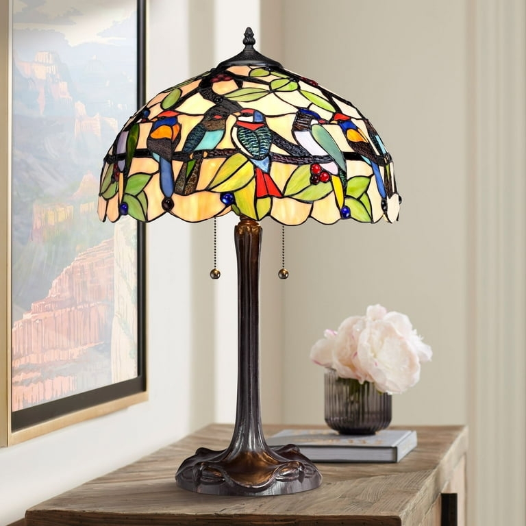 Tiffany-Style Table Lamp: Bronze Base & Tropical Bird Stained Glass