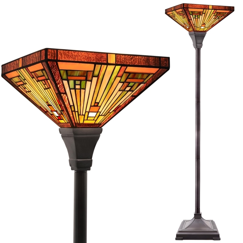 Tiffany Style Torchiere Floor Lamp with Geometric Stained Glass Shade