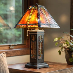 Tiffany Table Lamp Geometric Stained Glass Dual Pull Chains