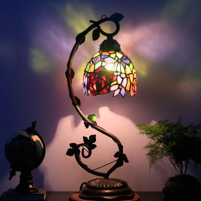 Tiffany Table Lamp, Leaf Motif Base, Rose Stained Glass, Bronze Finish