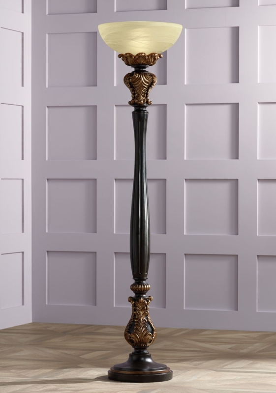 Torchiere Floor Lamp Acanthus Leaf Carved Wood Frosted Glass Shade