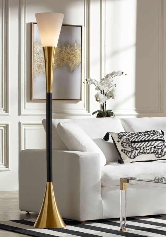 Torchiere Floor Lamp, Black and Antique Brass, Mid-Century Style
