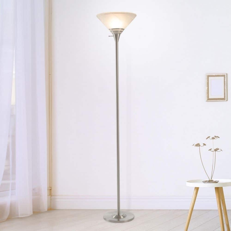 Torchiere Floor Lamp Brushed Silver Marbleized Glass Bowl Shade