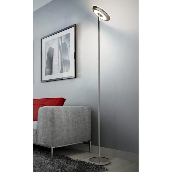 Torchiere Floor Lamp Brushed Silver with Disc Head, Modern Dimmable LED