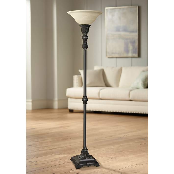 Torchiere Floor Lamp Fluted Bronze Column Amber Glass Bowl