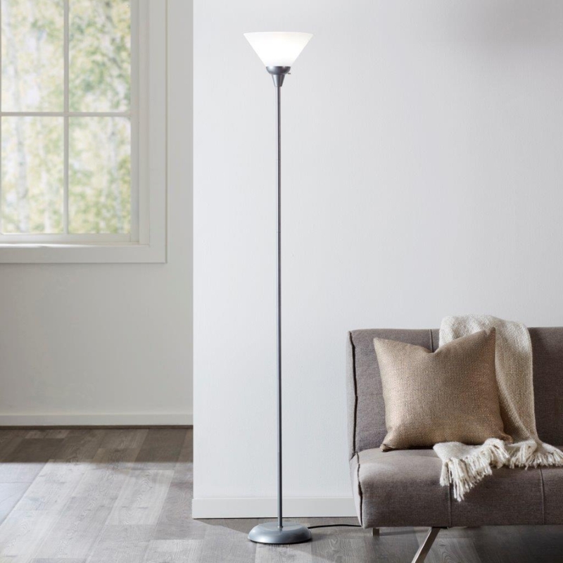 Torchiere Floor Lamp Grey Metallic Bowl Shade Minimalist Upward Lighting