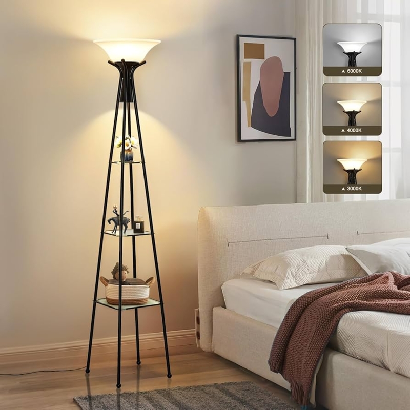Torchiere Floor Lamp With Shelves 3 Tier Design Industrial Style
