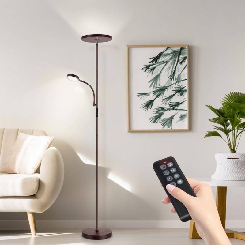 Torchiere Floor Lamp with Side Reading Light, Slim Bronze Profile