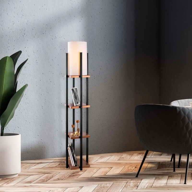 Tower Floor Lamp with Square Shade and Integrated Shelves
