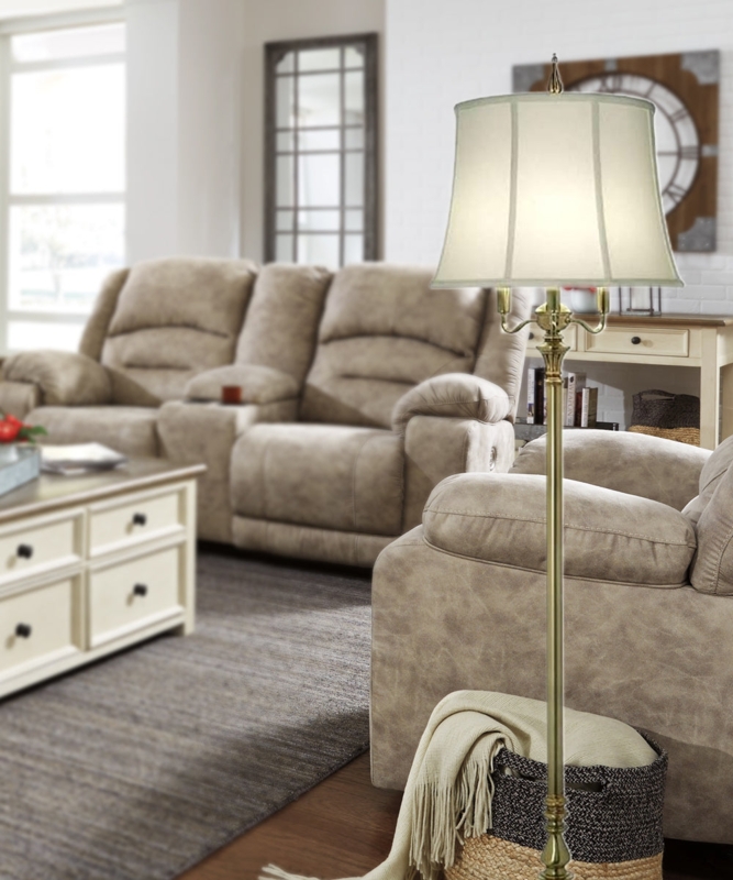 Traditional Antique Brass Floor Lamp with Pleated Empire Shade and Columnar Pole