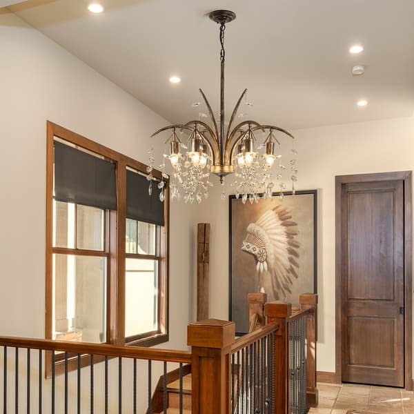 Traditional Bronze Chandelier, Scrolled Arms and Crystal Accents