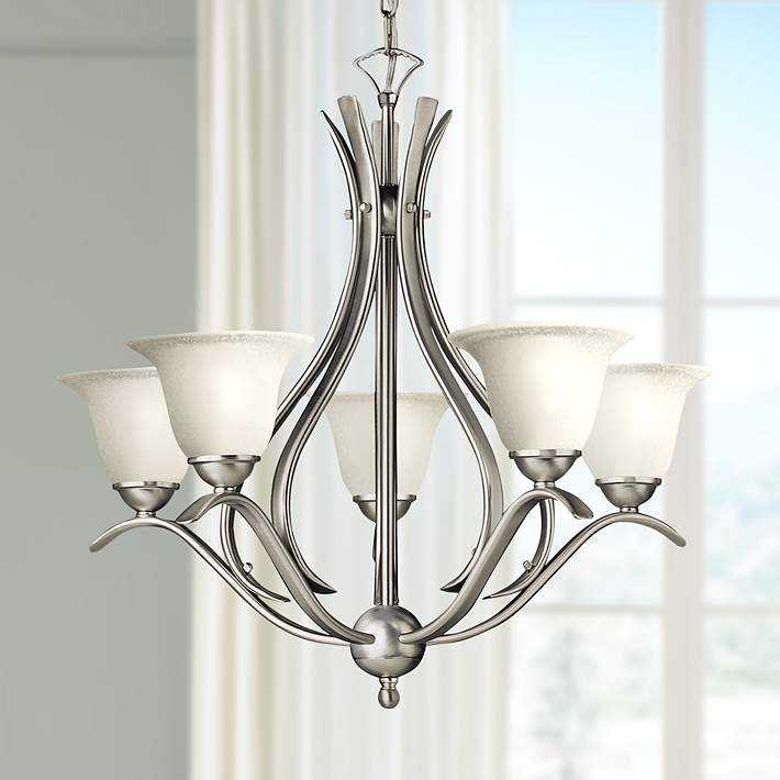 Traditional Chandelier Brushed Nickel Scrolled Arms White Glass