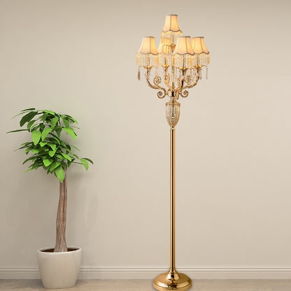 Traditional Crystal-Clad Column Floor Lamp with Pleated Flared Shades