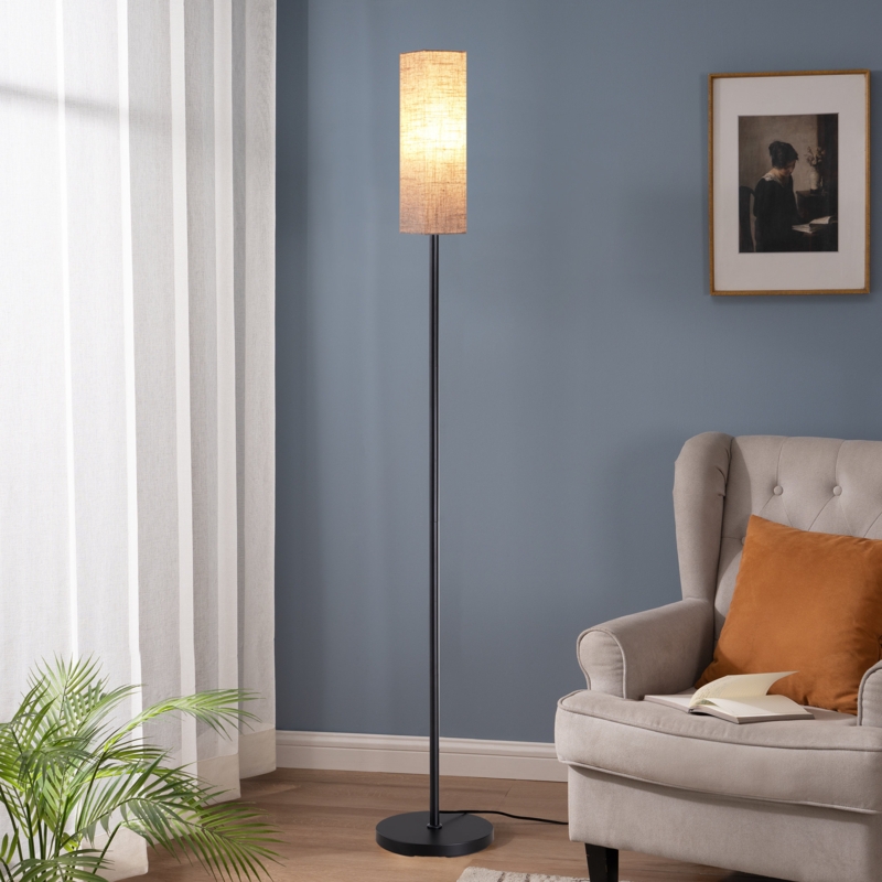 Traditional Floor Lamp Black Turned Pole White Drum Shade