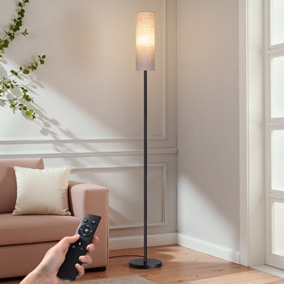 Traditional Floor Lamp: Matte Black Turned Pedestal Base, White Drum Shade.