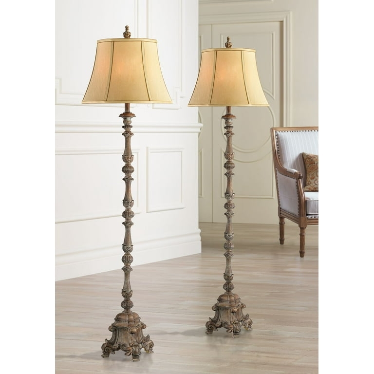 Traditional Floor Lamp Set Candlestick Base Distressed Finish