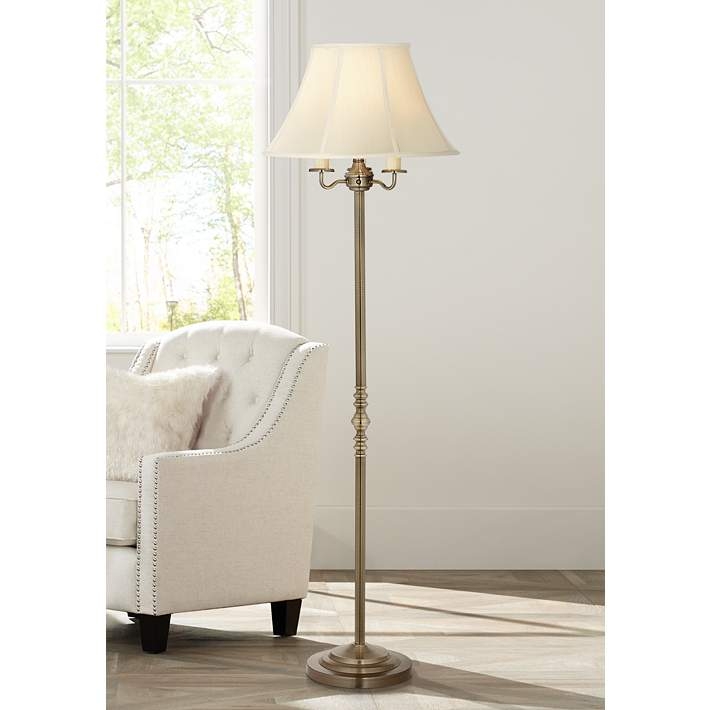 Traditional Floor Lamp Turned Brass Pole Tapered Shade Elegant Style