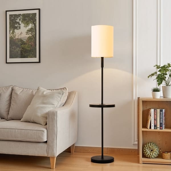 Traditional Iron Floor Lamp in Matte Black with Linen Shade