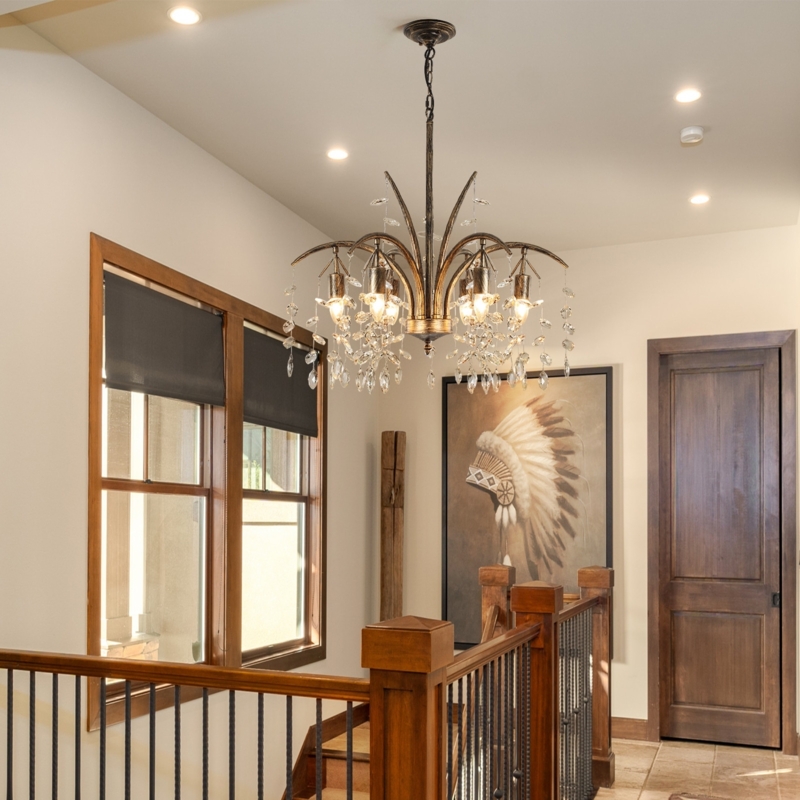 Traditional Scrolled Form Chandelier Antique Bronze Finish Crystal Accents