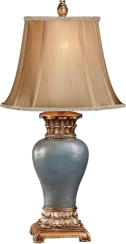 Traditional Table Lamp Cool Blue Hue Brushed Gold Accents Drum Shade