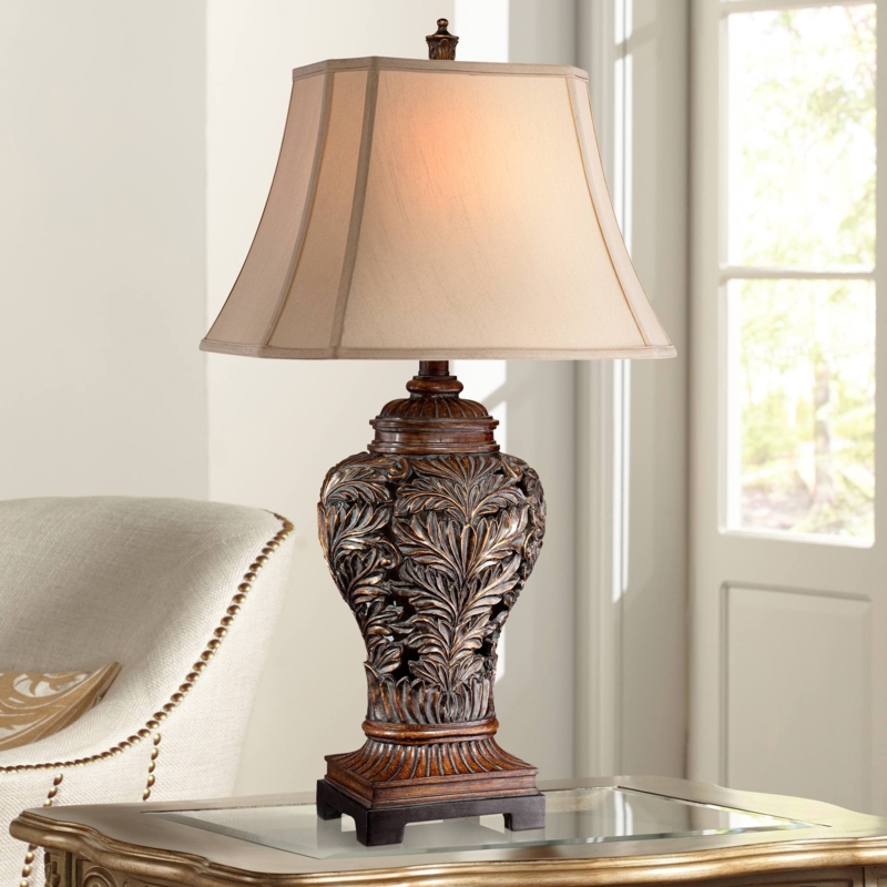 Traditional Table Lamp Leafwork Base Bronze Finish Rectangular Shade