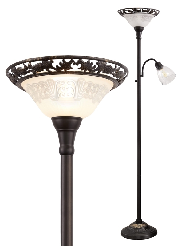 Traditional Torchiere Floor Lamp: Dark Bronze with Turned Metal Details
