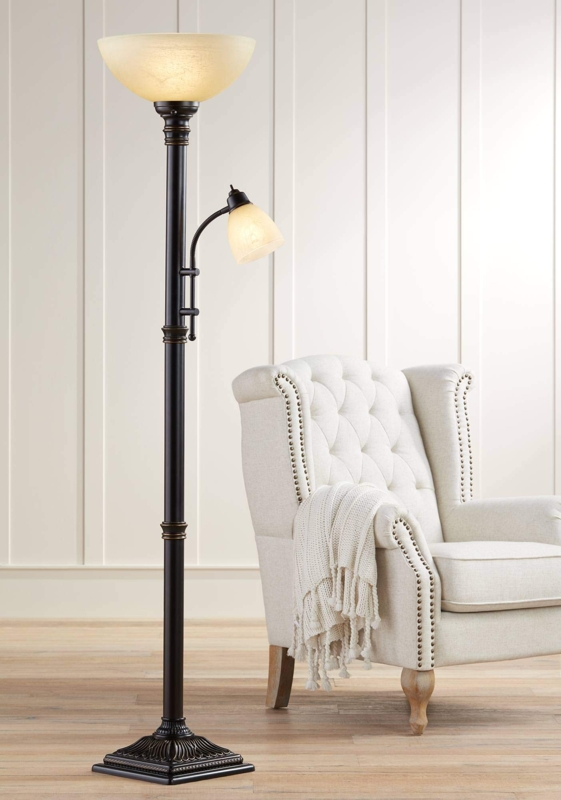 Traditional Torchiere Floor Lamp with Amber Glass Shades, Bronze Finish