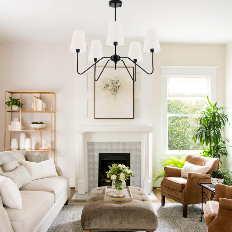 Transitional 5-Light Chandelier with Beige Fabric Drum Shade
