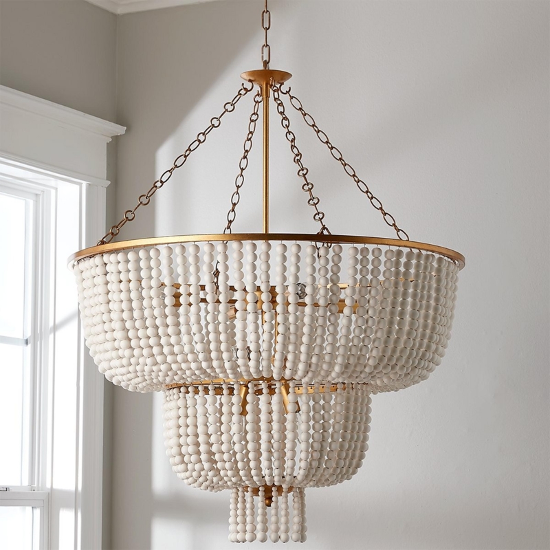 Transitional Aged Gold Chandelier with Cascading Ivory Beaded Texture