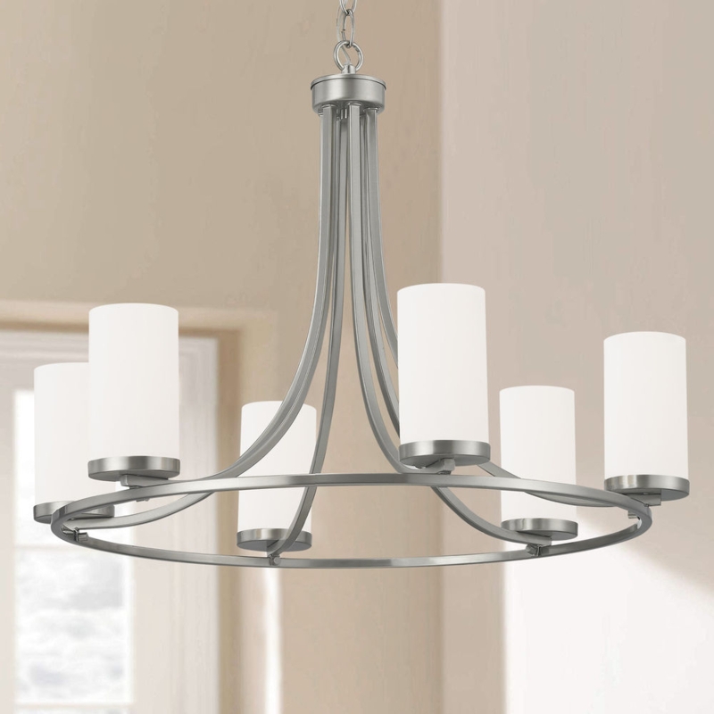 Transitional Chandelier Satin Nickel White Glass Bowl Shades